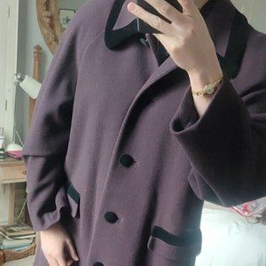 purple wool cashmere black velvet collar swing coat victorian uk14 maxi vintage